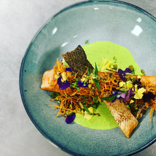 Crispy Skin Salmon on Elegant Lemon Pea Puree