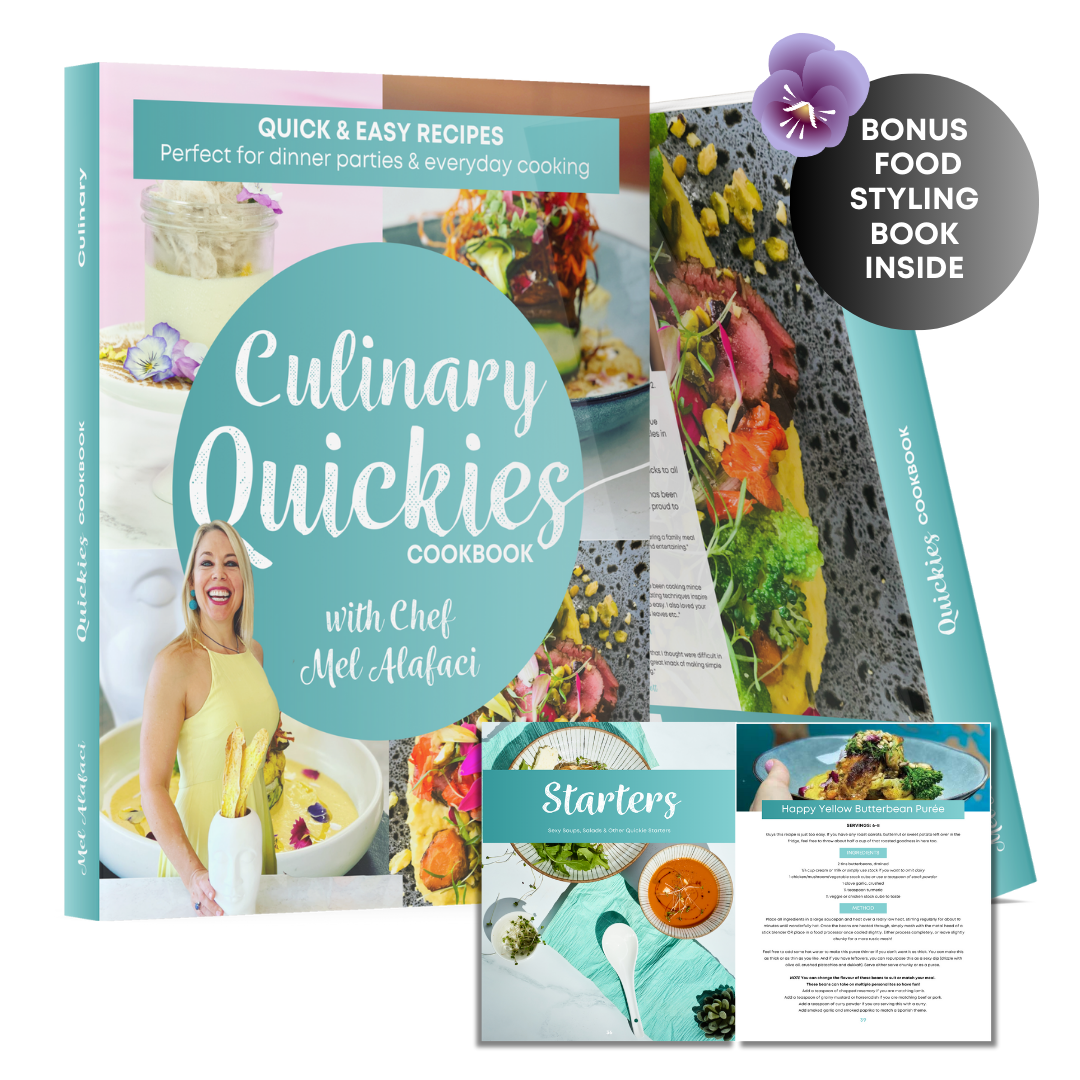 Culinary Quickies Cookbook with Chef Mel Alafaci. Quick and Easy recipes for chic and glam weeknight meals or easy dinner parties.  Be faster, happier and more confident in the kitchen.