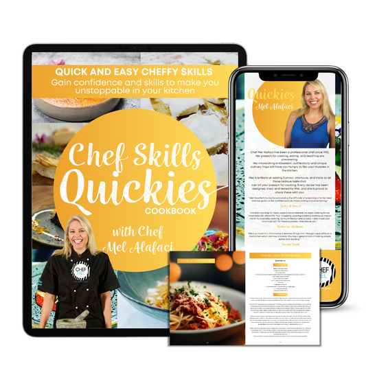 Cheffy Skills Quickies Cookbook by Chef Mel Alafaci the Happy Chef Vanilla Zulu cookbook series. Learn how to cook. Gain confidence and skills to make your unstoppable in your kitchen. Learn all the cheffy sauces, knife skills, pastries, pastas, breads, starters, mains and desserts as well as all of the food styling and presentation tips and tricks.