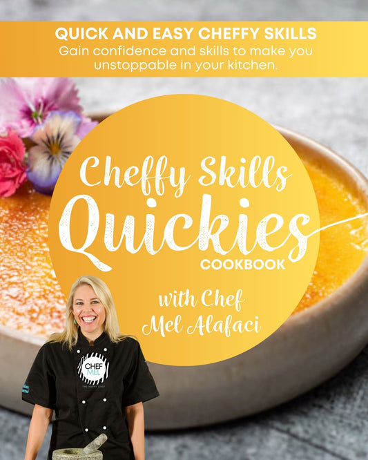 Cheffy Skills Quickies Cookbook by Chef Mel Alafaci the Happy Chef Vanilla Zulu cookbook series. Learn how to cook. Gain confidence and skills to make your unstoppable in your kitchen. Learn all the cheffy sauces, knife skills, pastries, pastas, breads, starters, mains and desserts as well as all of the food styling and presentation tips and tricks.